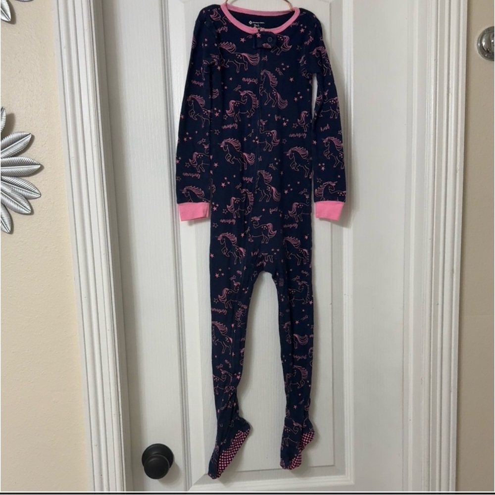 Member's Mark girl's one piece footie pajama  navy blue pink unicorn size 4T